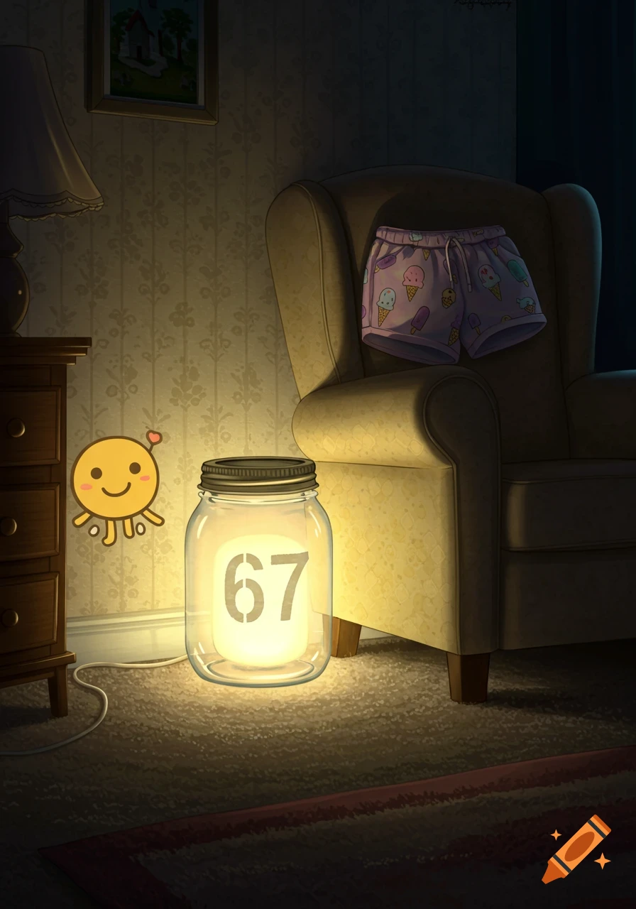 A dimly lit room with a glowing jar containing the number 67, a cartoon octopus character on the wall, and pink ice cream patterned shorts on an armchair.