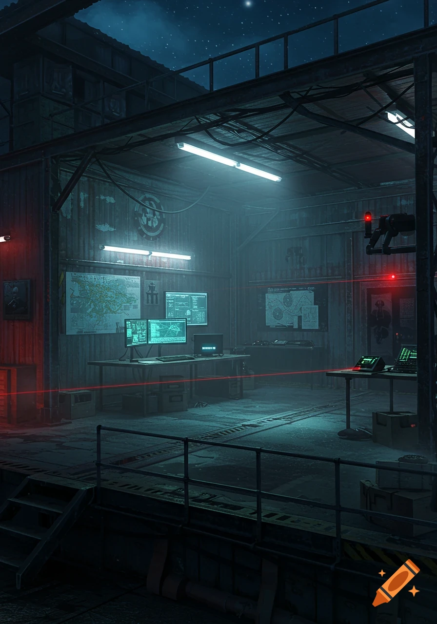 Photorealistic image of a dimly lit, mysterious secret base interior with glowing computer monitors, maps, and red laser tripwires.