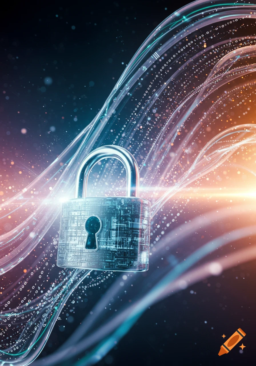 A silver padlock with circuit patterns floats amidst glowing blue and orange data streams and digital light in a dark, futuristic setting.