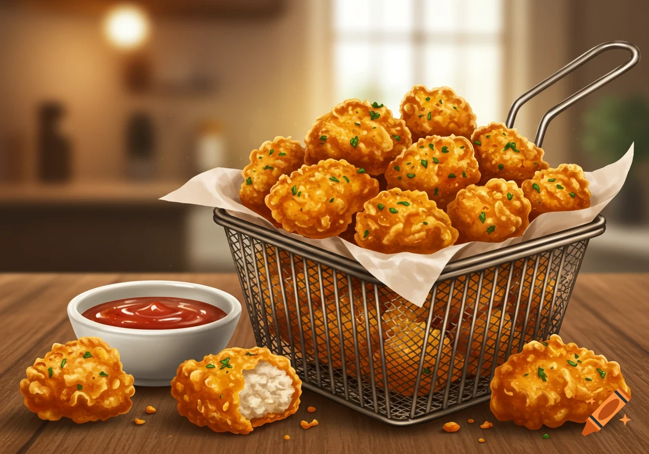 Golden fried popcorn chicken in a metal basket with a side of red dipping sauce on a wooden table.