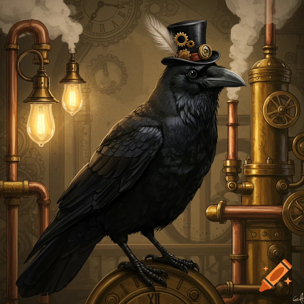 A black crow in a steampunk setting, wearing a top hat adorned with gears and a feather, perched on a clock-like mechanism.