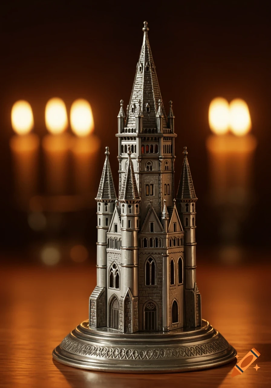 A detailed silver miniature of the Eschenheimer Turm, a gothic-style tower, on a wooden surface with blurred warm lights in the background.