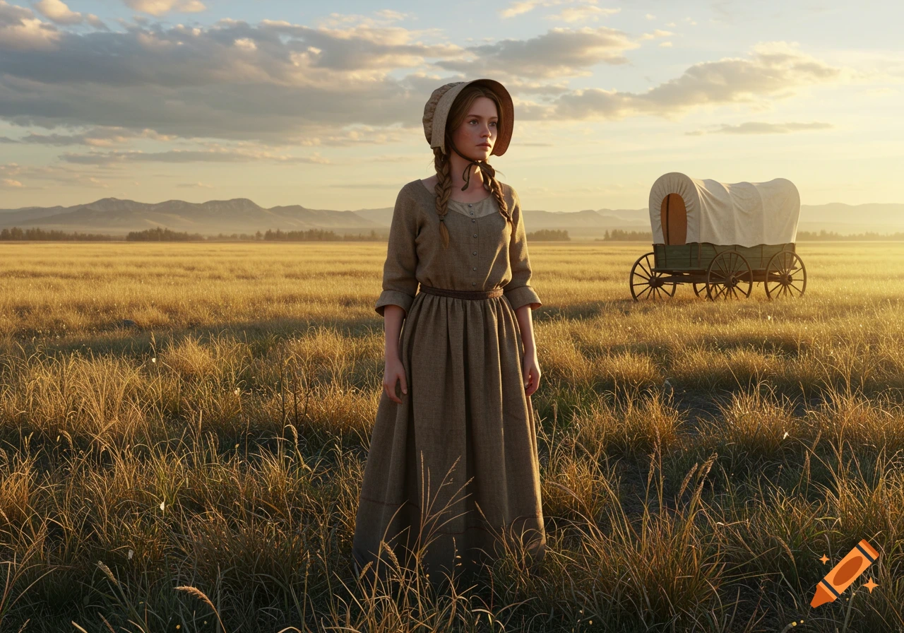 A young pioneer woman stands in a vast golden field with a covered wagon behind her and mountains in the distance at sunset, photorealistic.