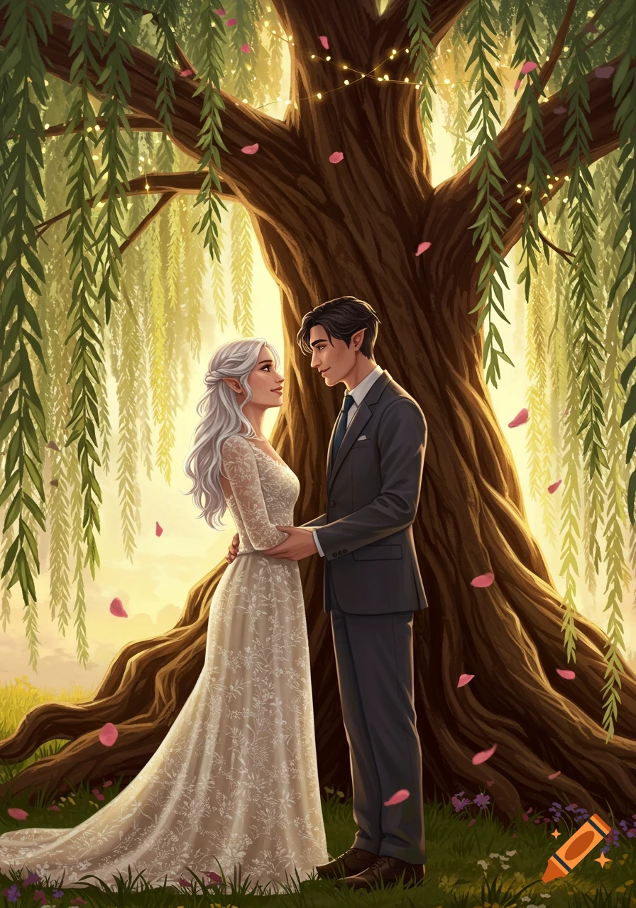 Illustrated elven couple in wedding attire embracing under a willow tree with string lights and pink petals.