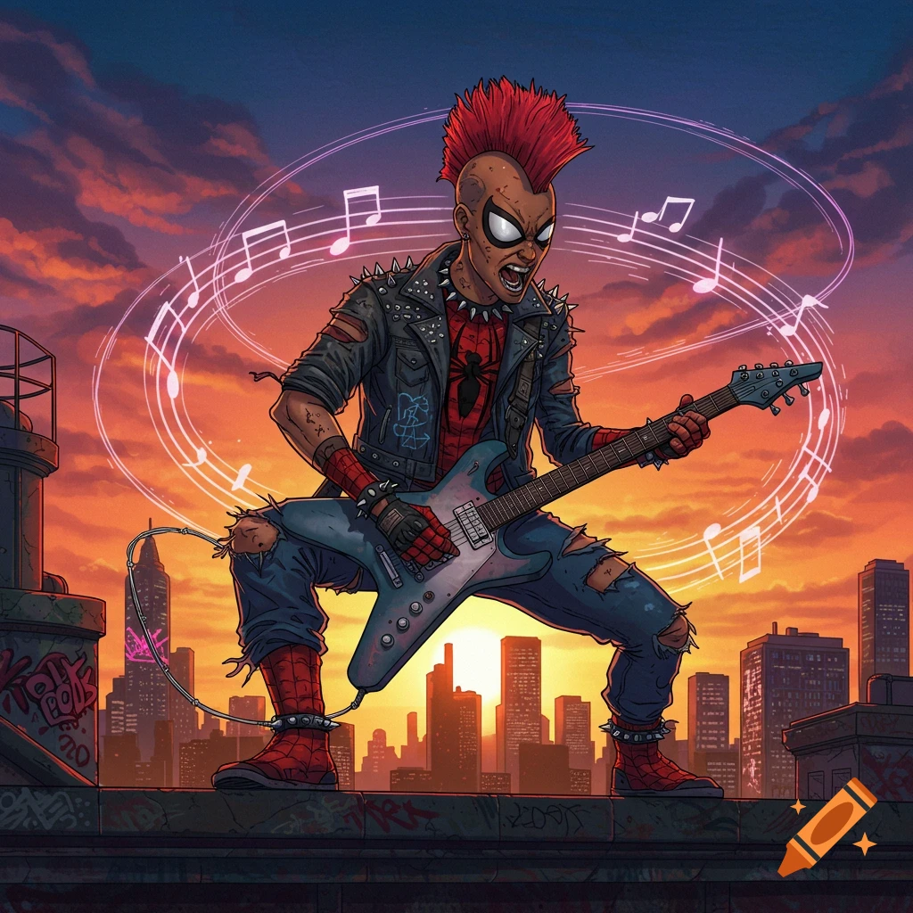 Stylized comic art of Spider-Punk with a red mohawk playing an electric guitar on a city rooftop at sunset.