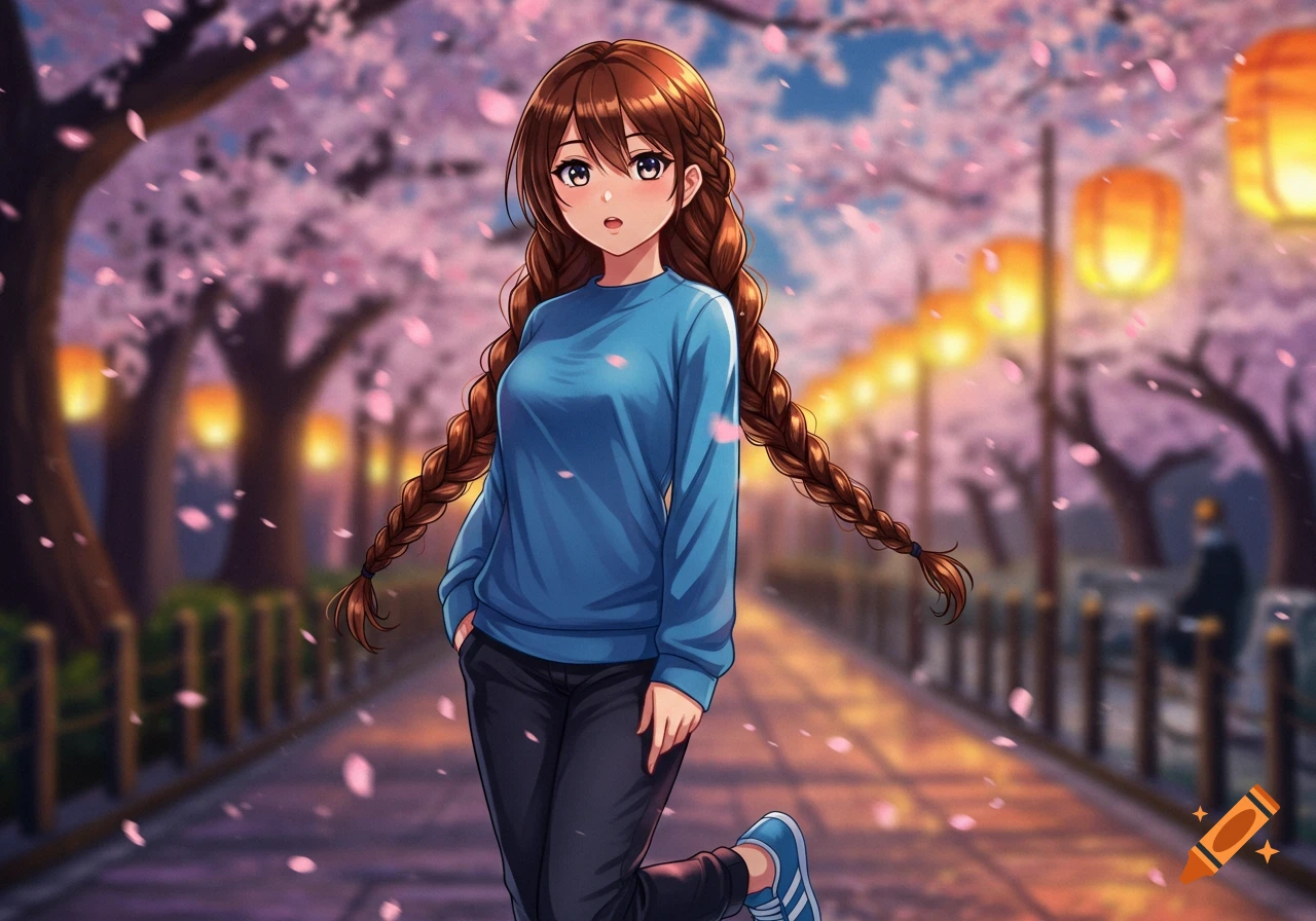 Anime girl with long brown braids in a blue jumper, walking through a cherry blossom park at dusk with glowing lanterns.
