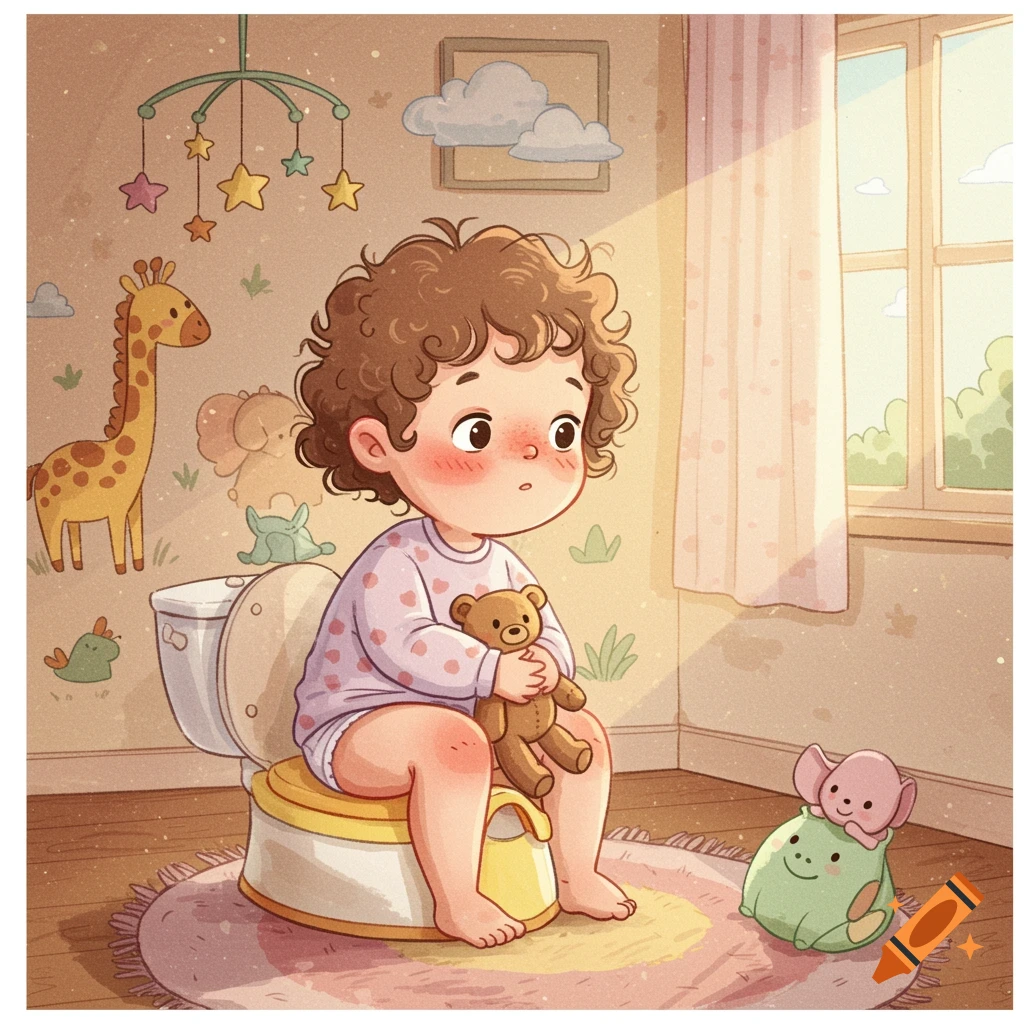 A cute child with curly hair sits on a yellow potty, holding a teddy bear, in a brightly lit room with animal decals.