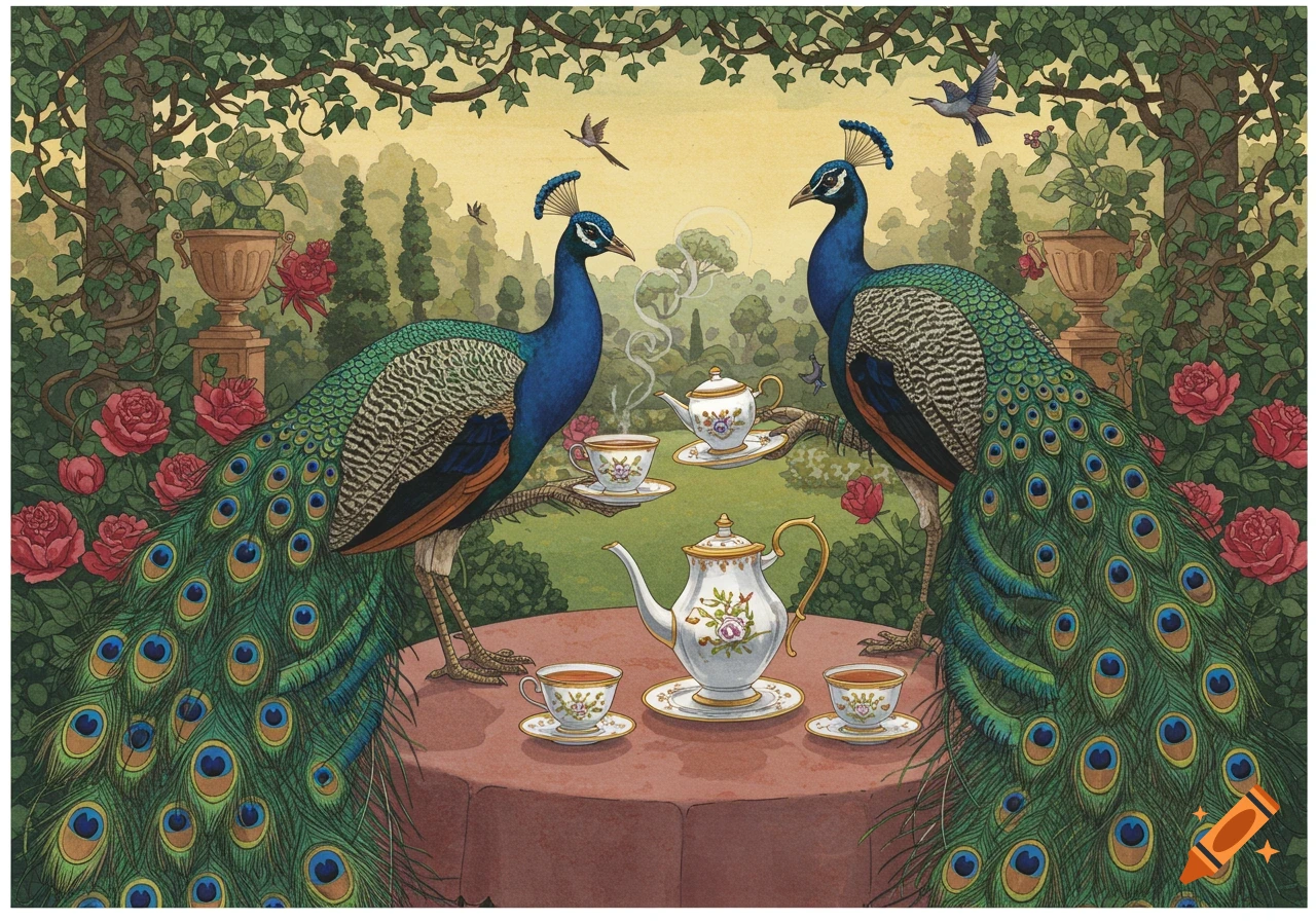 Two regal peacocks have a tea party in a lush, fantastical garden in a vibrant storybook illustration.