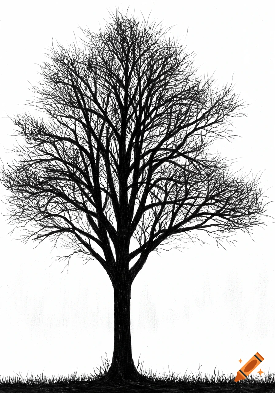 A black and white drawing of a bare tree with intricate branches on a grassy ground against a white background.