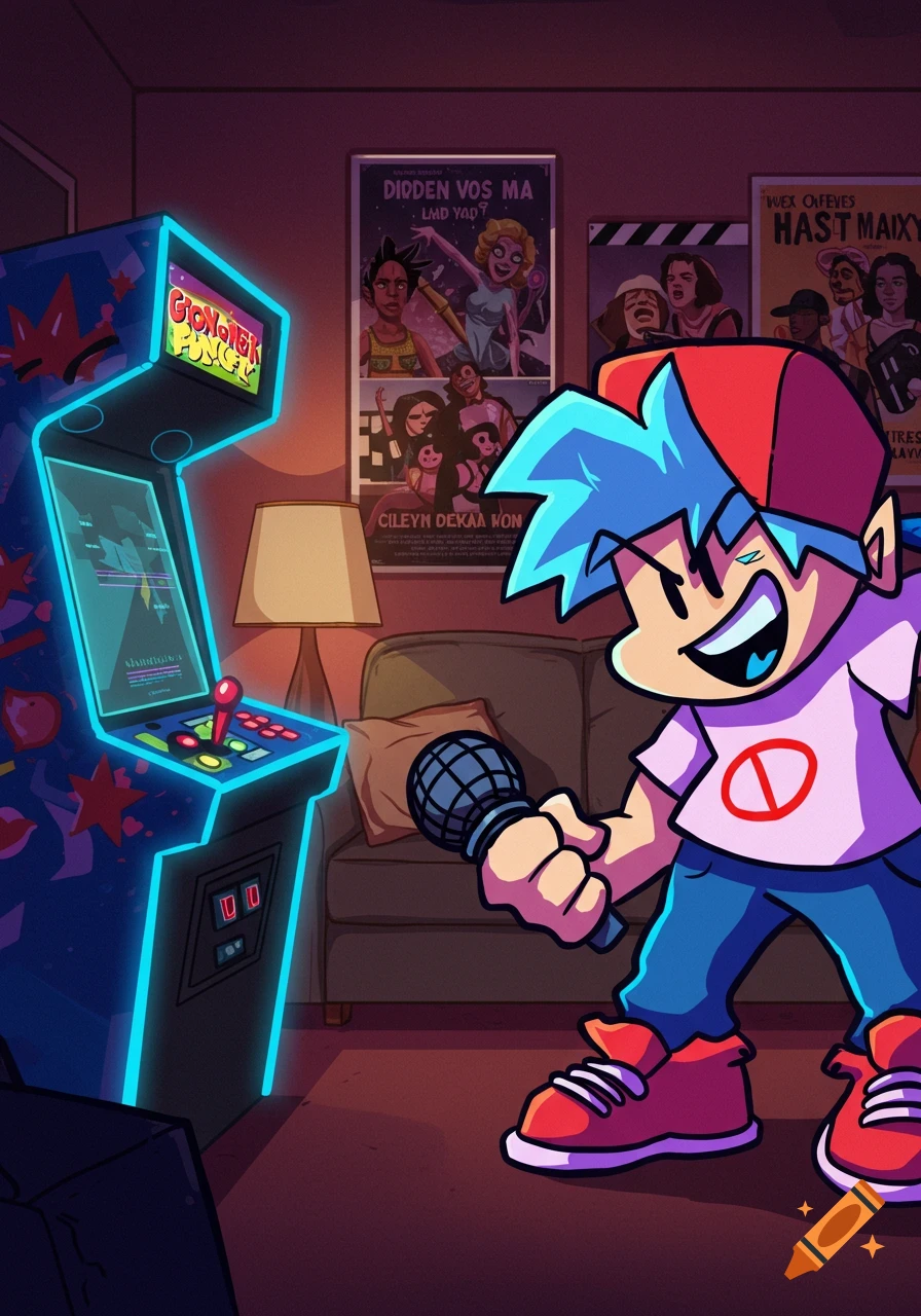 A stylized cartoon character resembling Boyfriend from FNF holds a microphone in front of a glowing arcade machine in a dimly lit room with movie posters.
