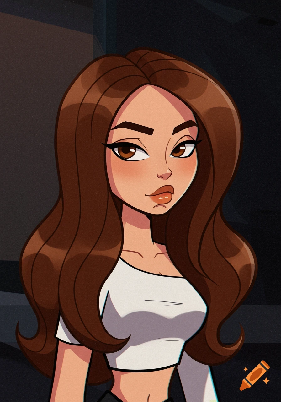 A Y2K-inspired cartoon girl with long brown hair, brown eyes, arched eyebrows, and glossy lips, wearing a white crop top.
