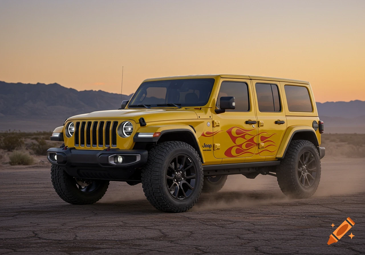 A bright yellow Jeep Wrangler with red flame decals on its side drives on a dirt road at sunset, with mountains in the background.