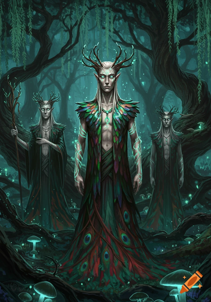 Three antlered, elven-like figures in elaborate, feathery robes with glowing patterns stand in a dark, mystical forest with luminous mushrooms.