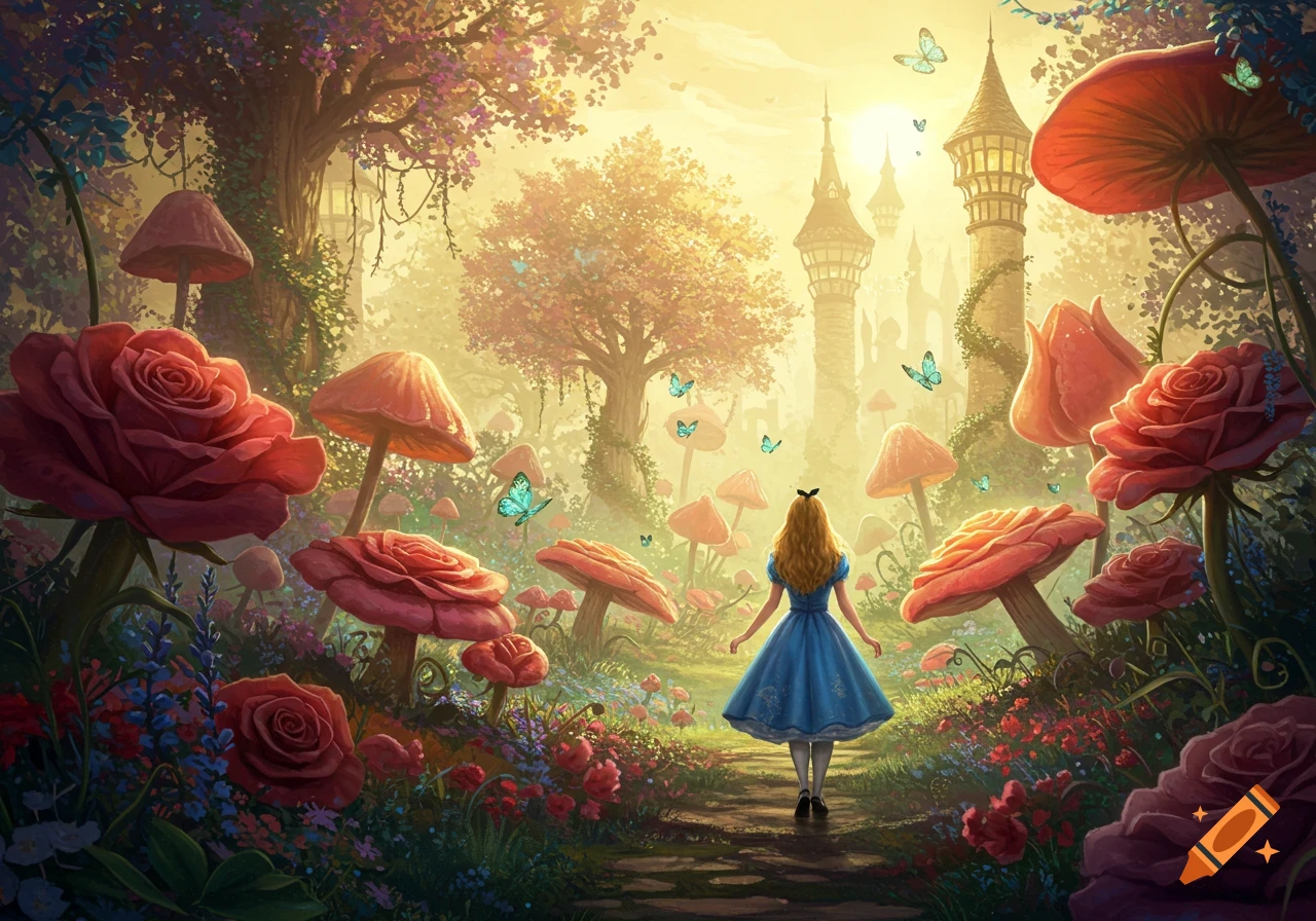Alice in a blue dress walks down a path in a vibrant, whimsical Wonderland forest with giant red mushrooms, large roses, and butterflies, toward a castle at sunset.