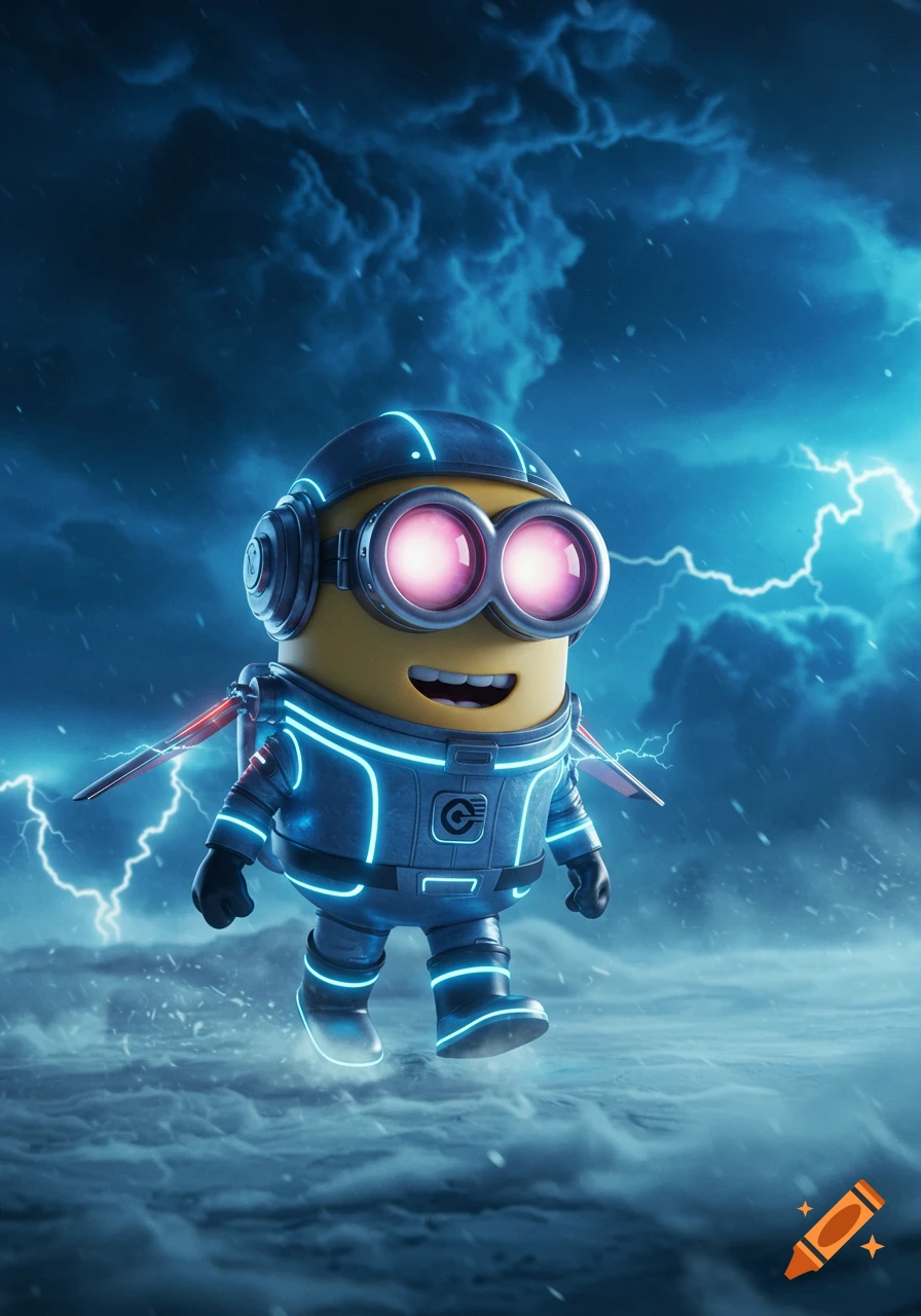 A Minion in a glowing blue and silver futuristic space suit with red fins and glowing pink eyes walks on a cloudy surface under a dark, stormy sky with lightning.
