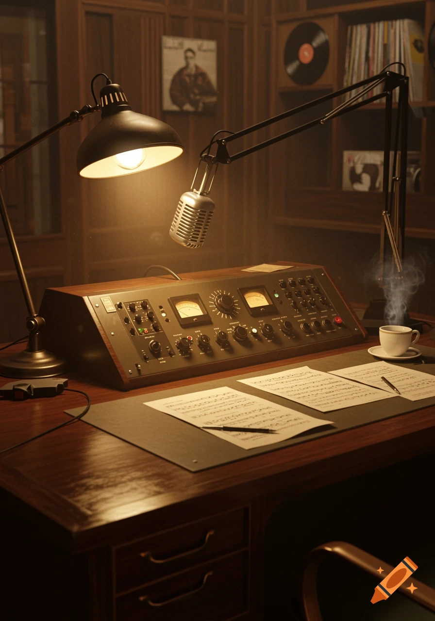 A vintage radio studio desk with a microphone, audio console, lamp, music sheets, and a steaming coffee cup.
