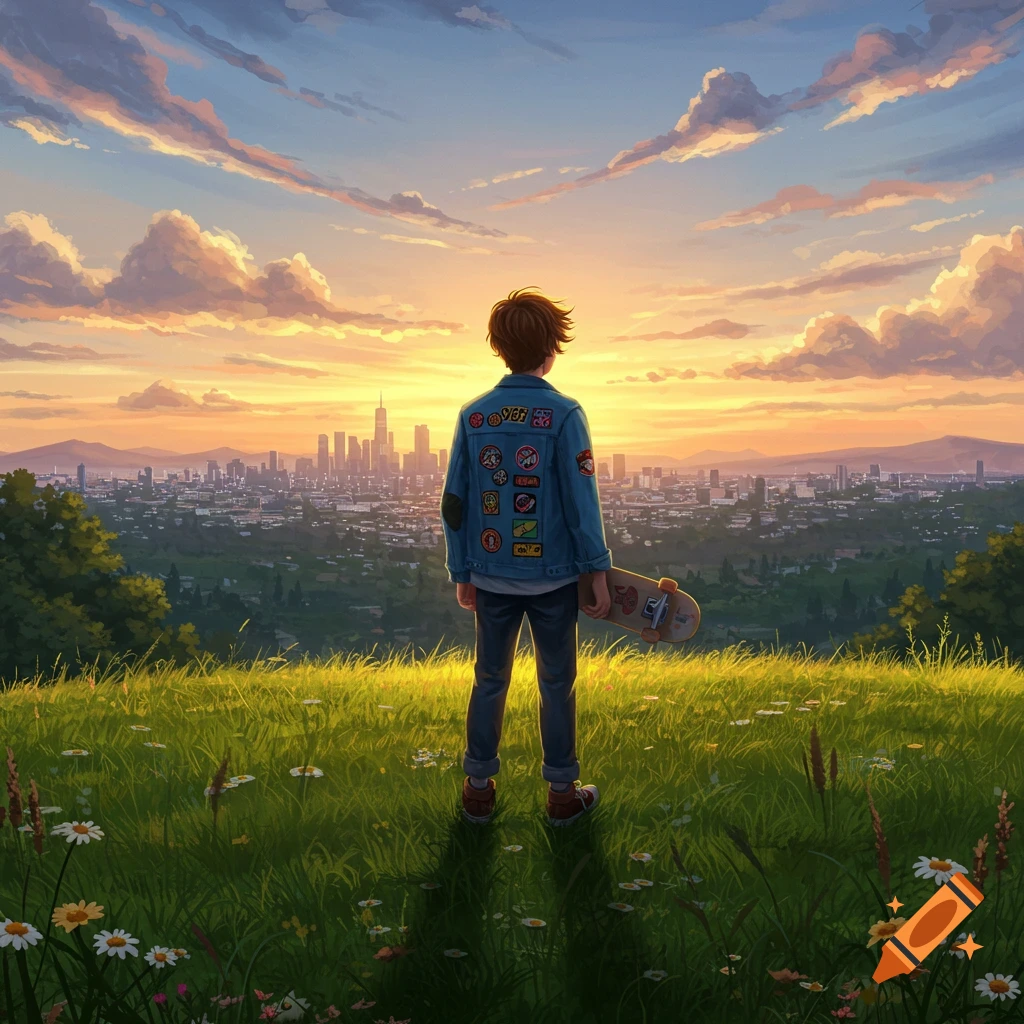 An anime-style teenager with a skateboard stands on a grassy hill, looking out at a city skyline under a vibrant sunset.