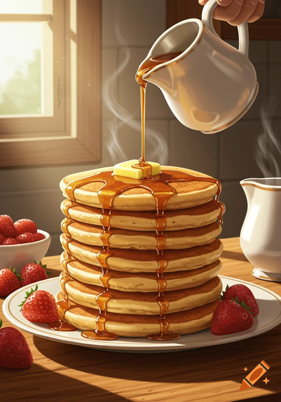 A tall stack of golden pancakes with a pat of melting butter and syrup being poured over them, surrounded by fresh strawberries on a wooden table.