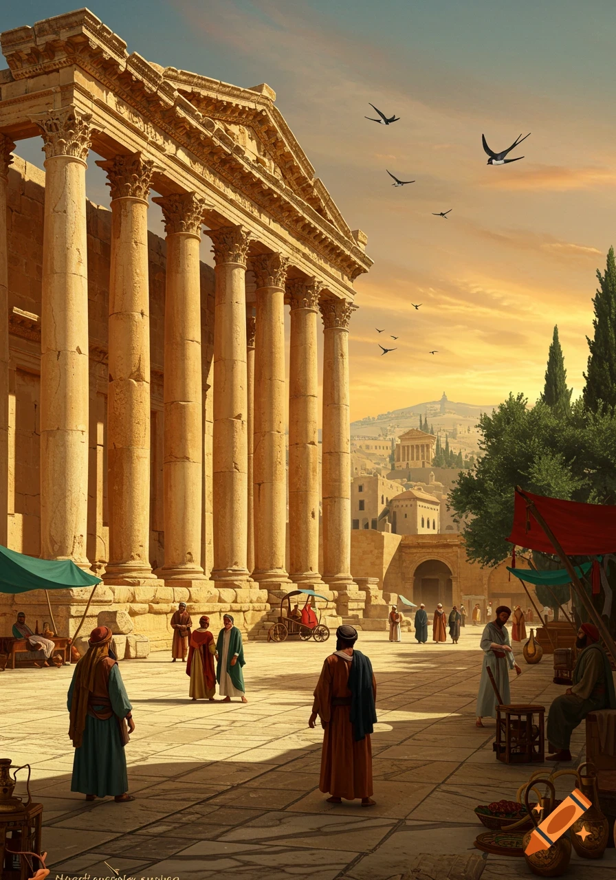 A grand ancient Roman temple with tall columns overlooks a bustling marketplace at sunset, with people in traditional robes and birds flying in the sky.
