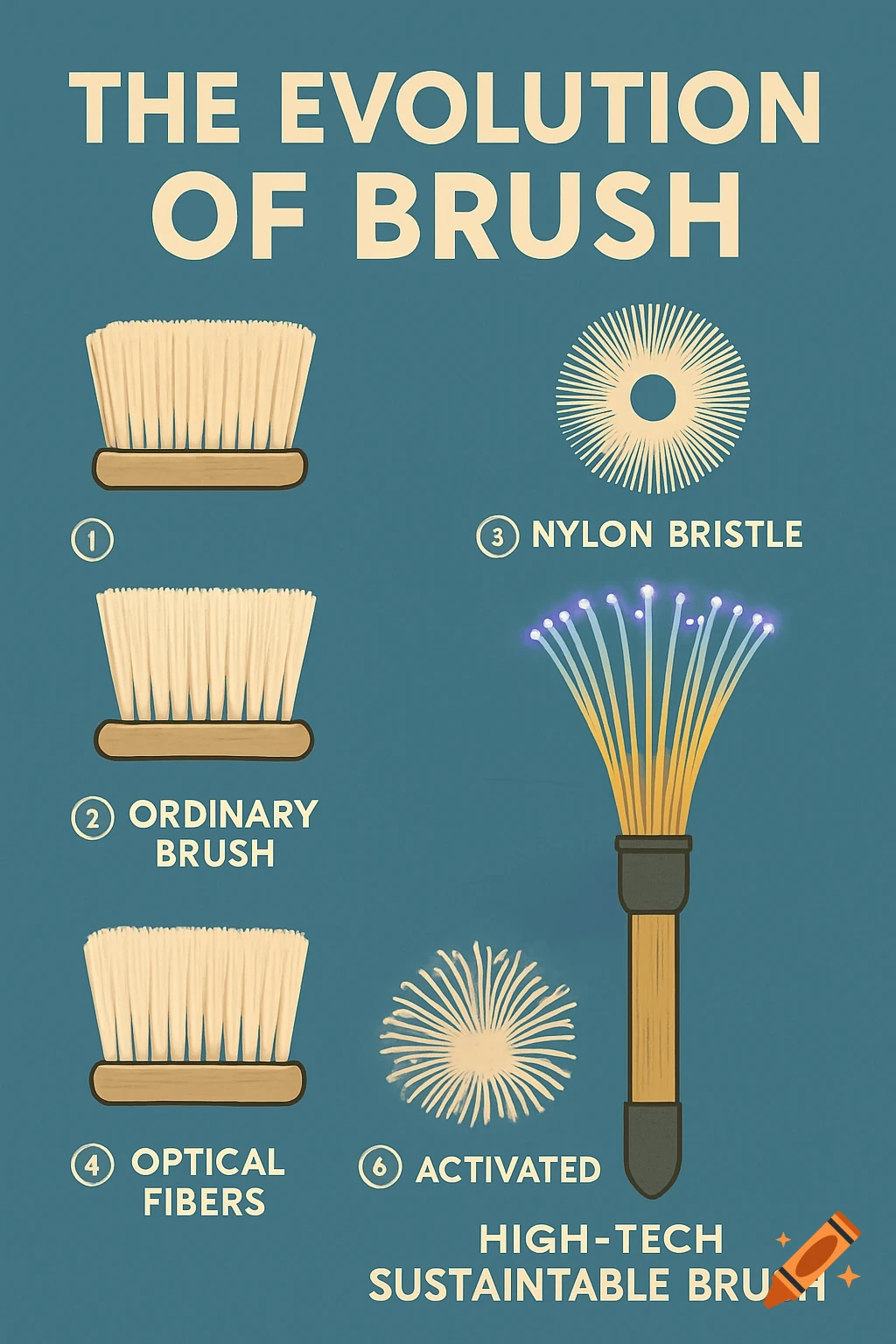 An infographic poster illustrating the evolution of brushes, featuring different types of brushes and bristles with labels like 'Ordinary Brush', 'Nylon Bristle', and 'Optical Fibers'.