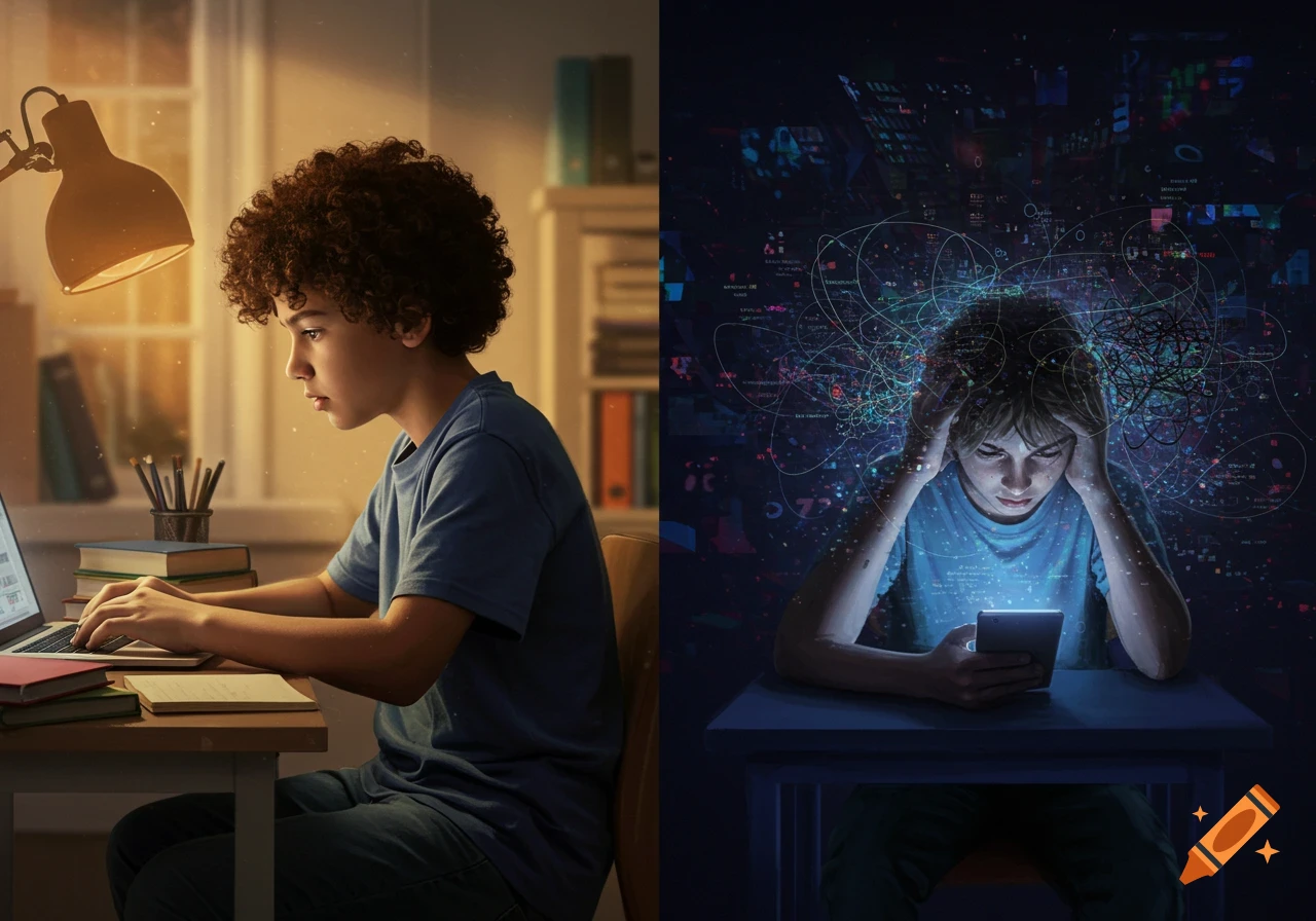 Split image contrasting a boy studying on a laptop with a distressed boy holding a phone surrounded by digital chaos.
