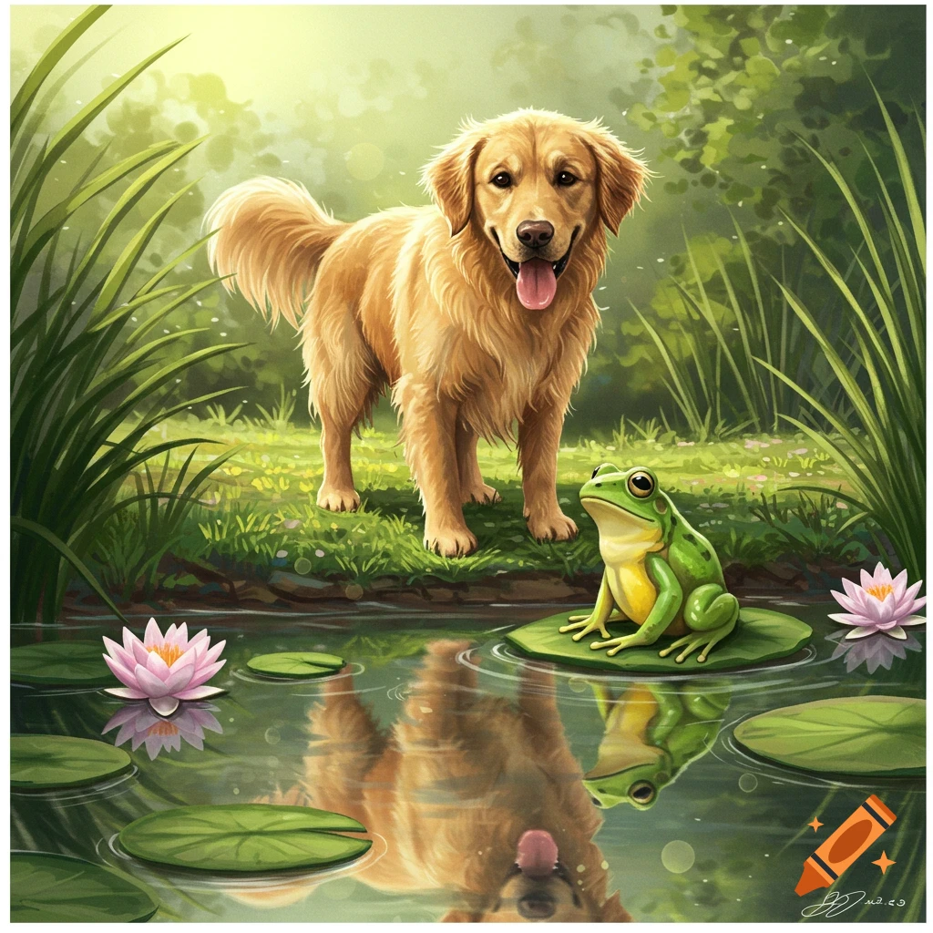 A golden retriever dog stands on grass by a pond, looking at a green frog on a lily pad, with water lilies blooming.