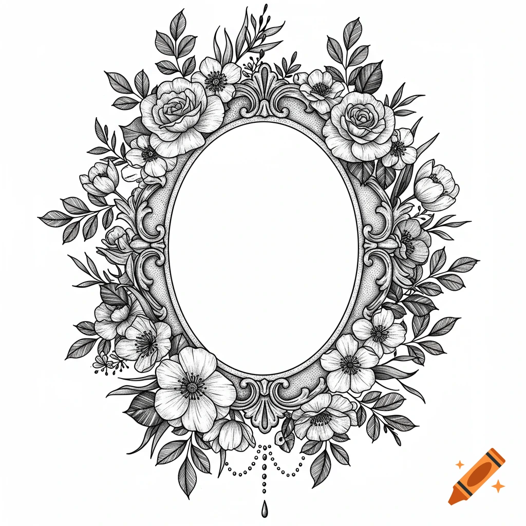 Detailed black and white illustration of an oval antique frame surrounded by swirling flowers, leaves, and delicate vines.