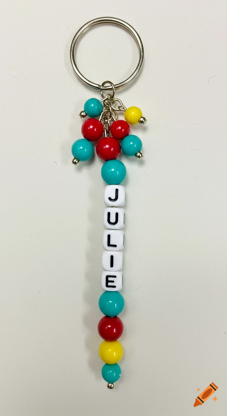 A vertical keychain with colorful red, yellow, and turquoise beads and white letter beads spelling 'JULIE'.
