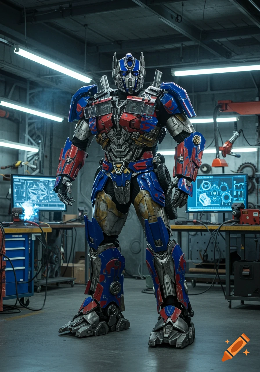 Photorealistic Optimus Prime robot standing in a workshop with technical screens in the background.