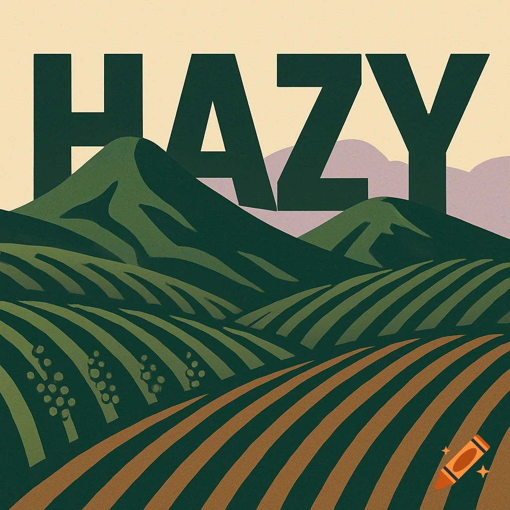 A stylized landscape illustration featuring green mountains and terraced brown and green fields, with the large word "HAZY" in dark green forming the top of the image and integrating into the background.