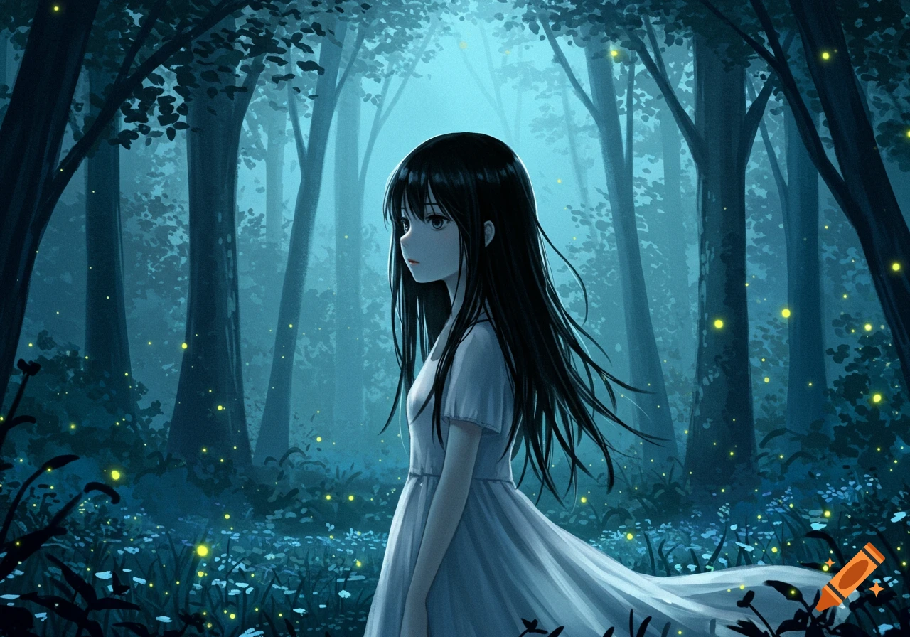 An anime girl with long black hair and a white dress stands in a dark, mystical forest with glowing fireflies.