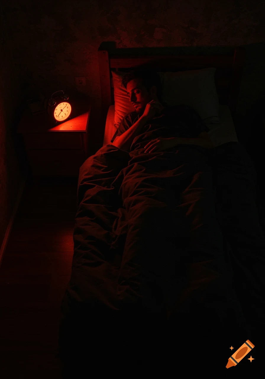 A man sleeps in a dark bedroom, illuminated by a faint red glow from an alarm clock on a nightstand, creating a moody, photo-realistic atmosphere.