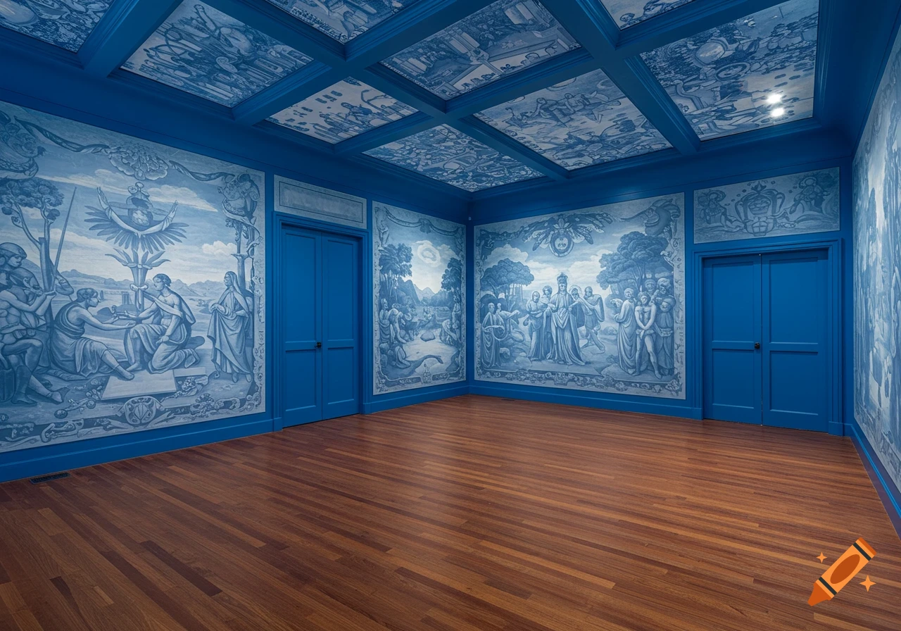 An empty room with blue walls and ceiling adorned with intricate blue and white classical murals, featuring a wooden floor and two blue doors.