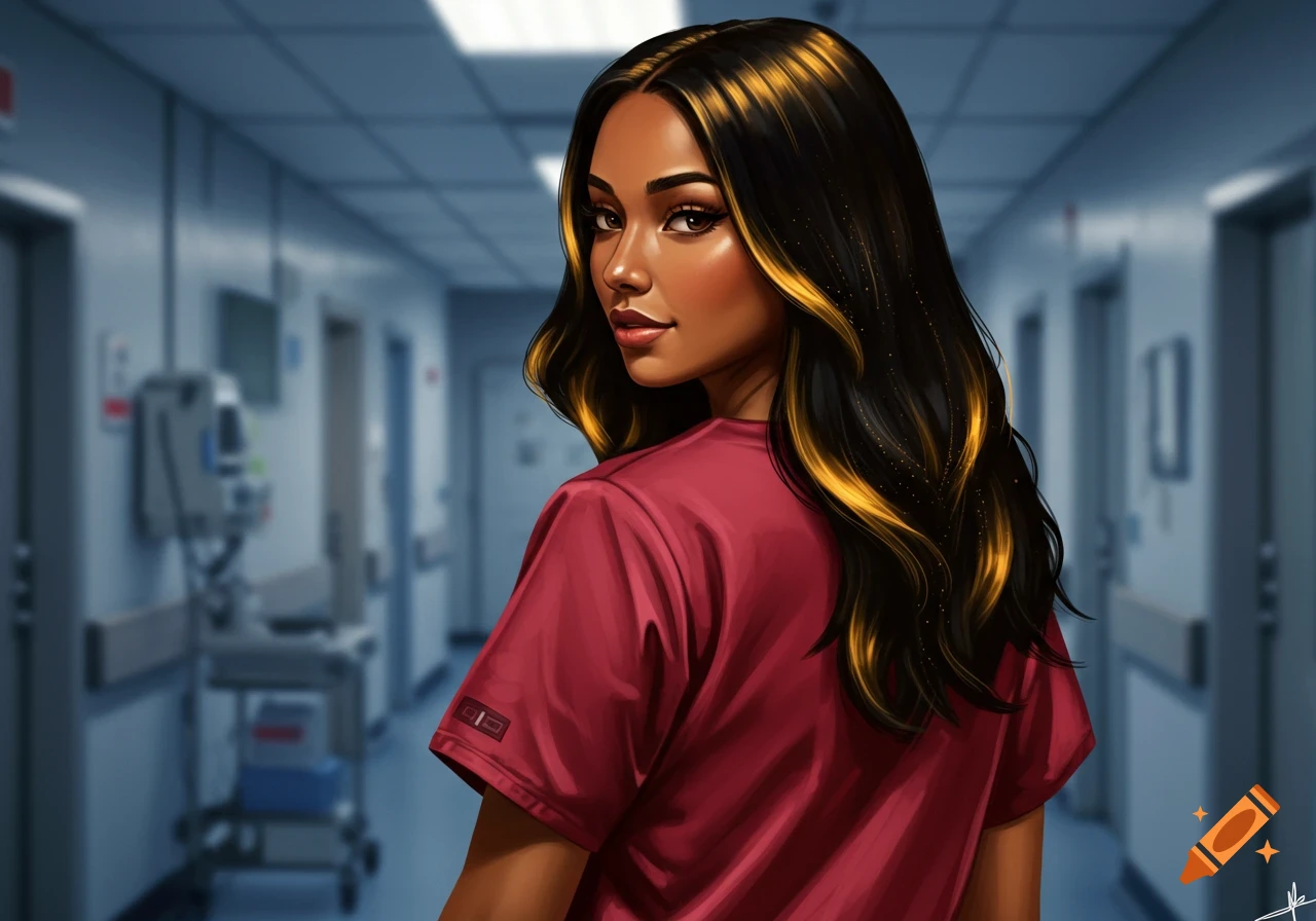 A stylized illustration of a woman with black hair and gold highlights wearing red scrubs, looking back in a hospital hallway.