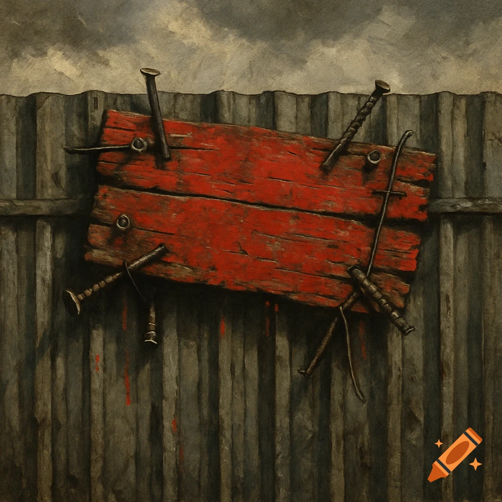 A distressed red wooden plank with bent nails and screws is crudely attached to a corrugated metal fence under a cloudy sky.