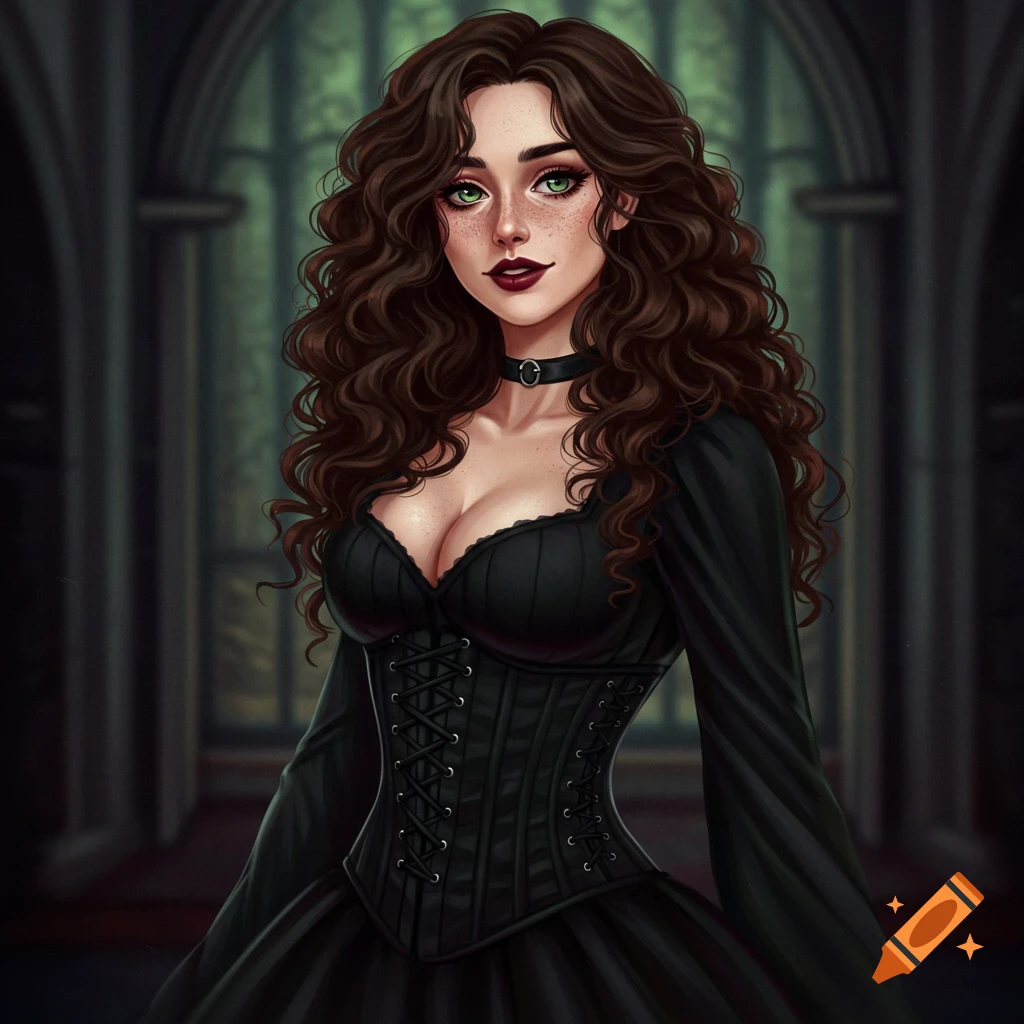 A portrait of a woman with long, curly brown hair, green eyes, and freckles, wearing a black gothic dress and choker, set against a dark, arched architectural background in a semi-realistic, painterly style.
