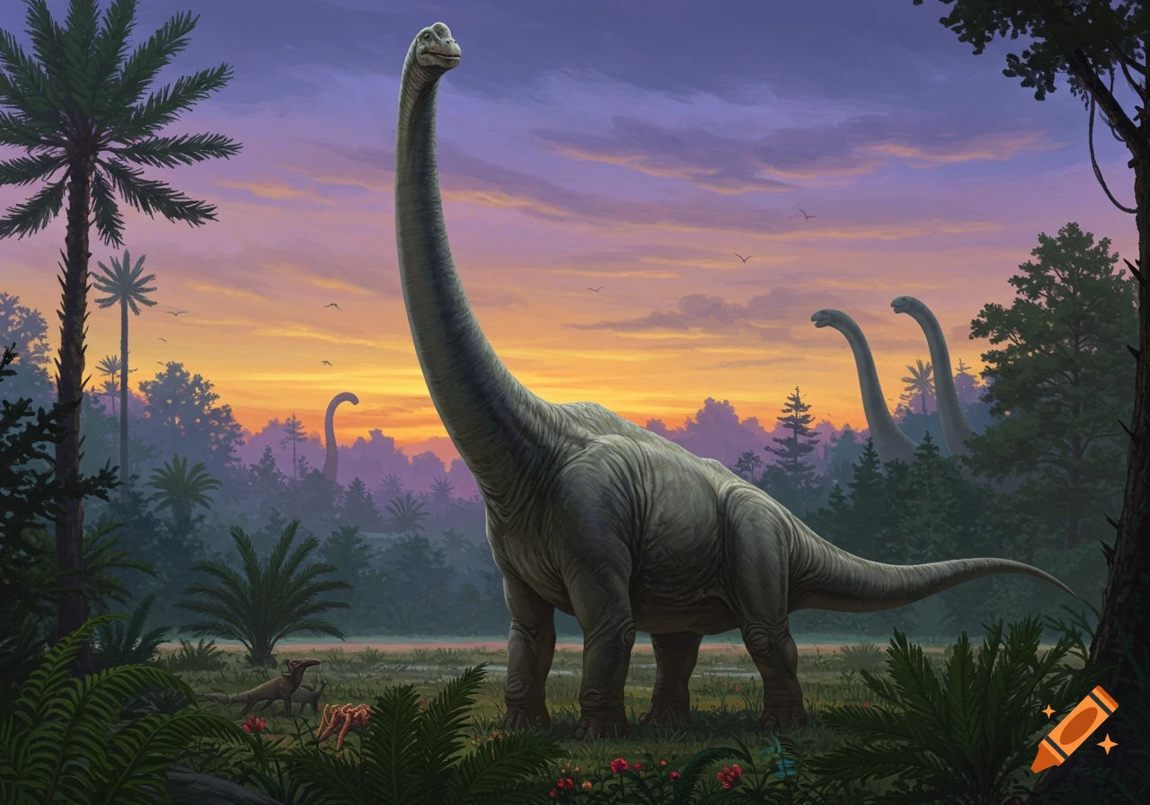A large sauropod dinosaur stands in a prehistoric landscape at sunset, with other sauropods and lush foliage.