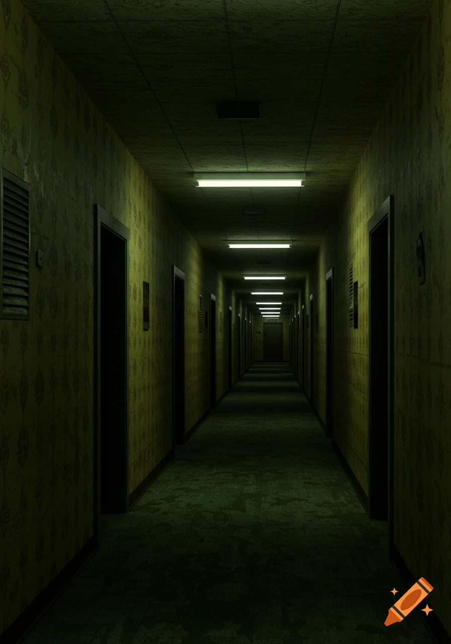 A long, dark, eerie hallway with yellow textured walls and bright fluorescent lights overhead, receding into the distance.