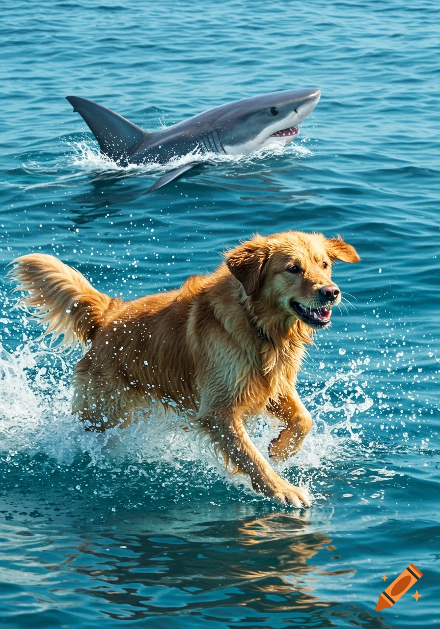 A golden retriever runs through clear blue ocean water, splashing, as a shark swims behind it. Photorealistic.