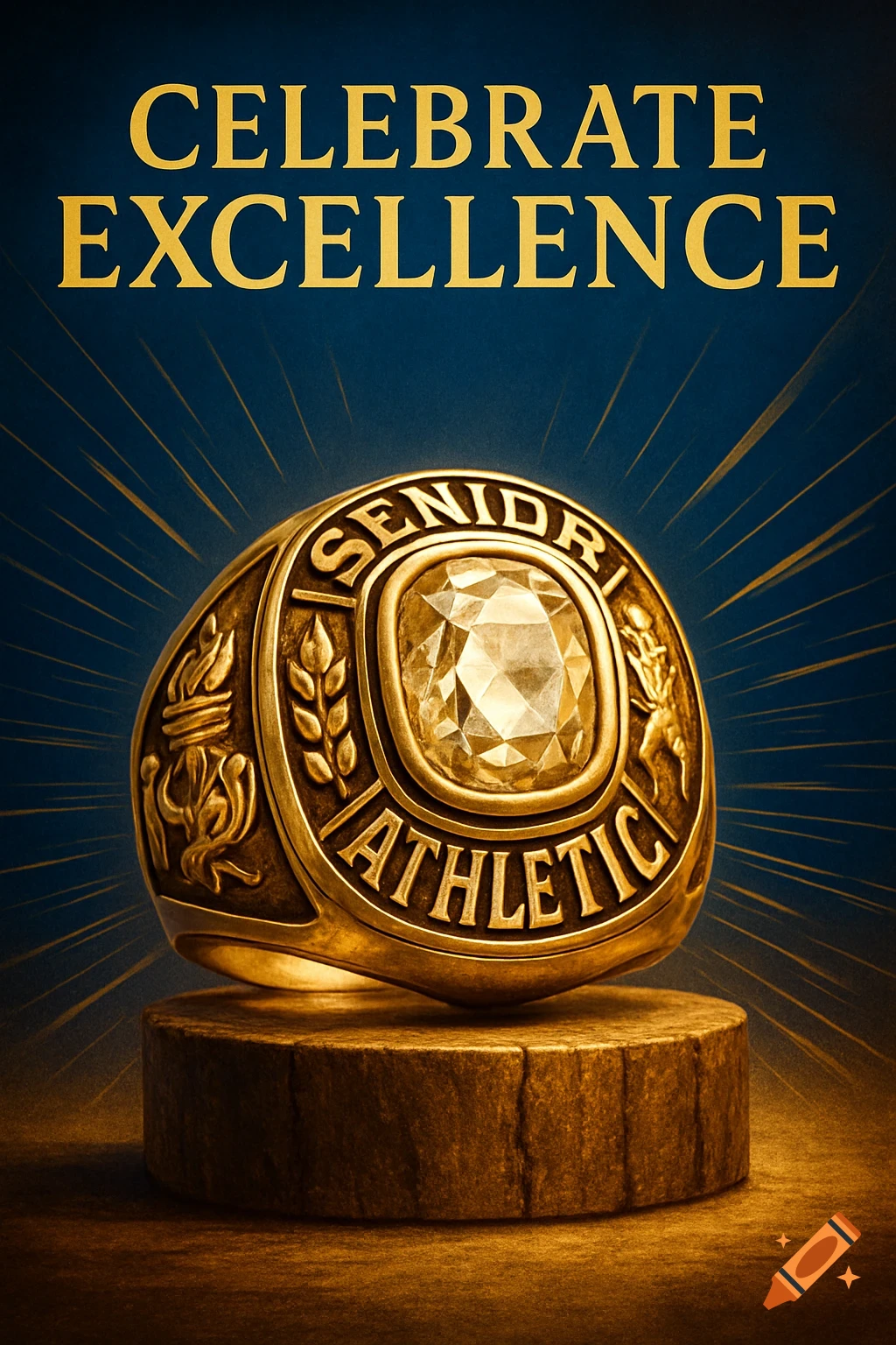 A golden senior athletic award ring with a large gem on a pedestal against a blue background with light rays. Text reads 'CELEBRATE EXCELLENCE'.