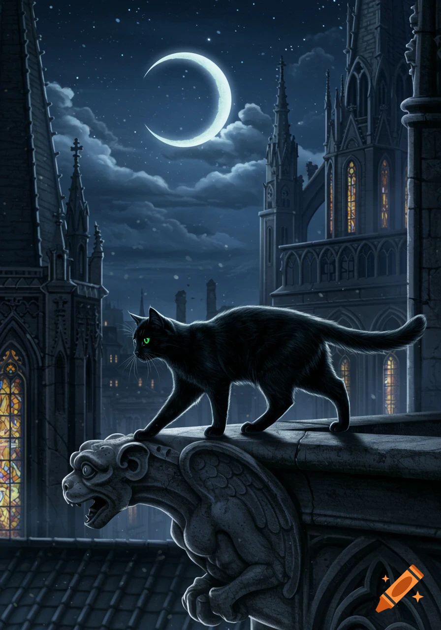 A black cat with glowing green eyes walks along a gargoyle statue on a gothic cathedral rooftop under a crescent moonlit night sky.