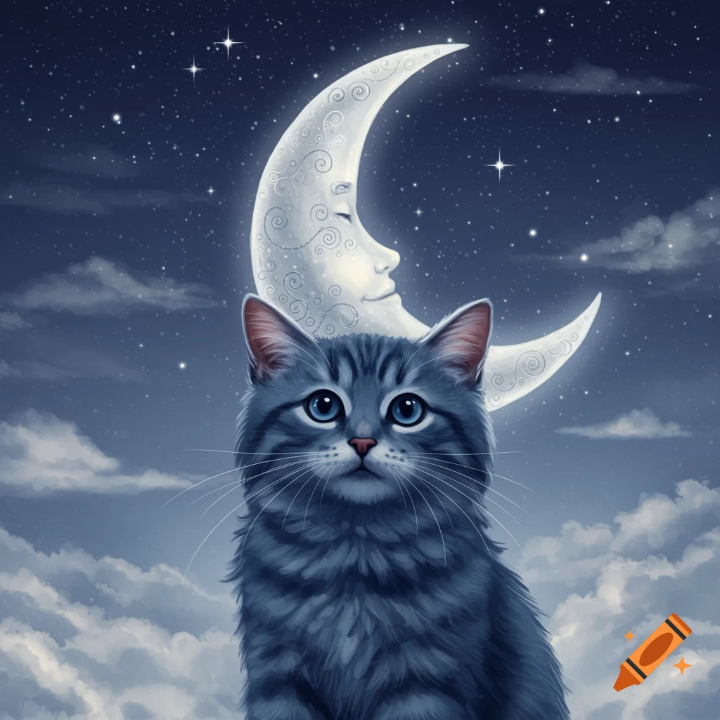 A blue-grey cat with bright blue eyes sits under a sleeping crescent moon in a starry night sky with clouds.