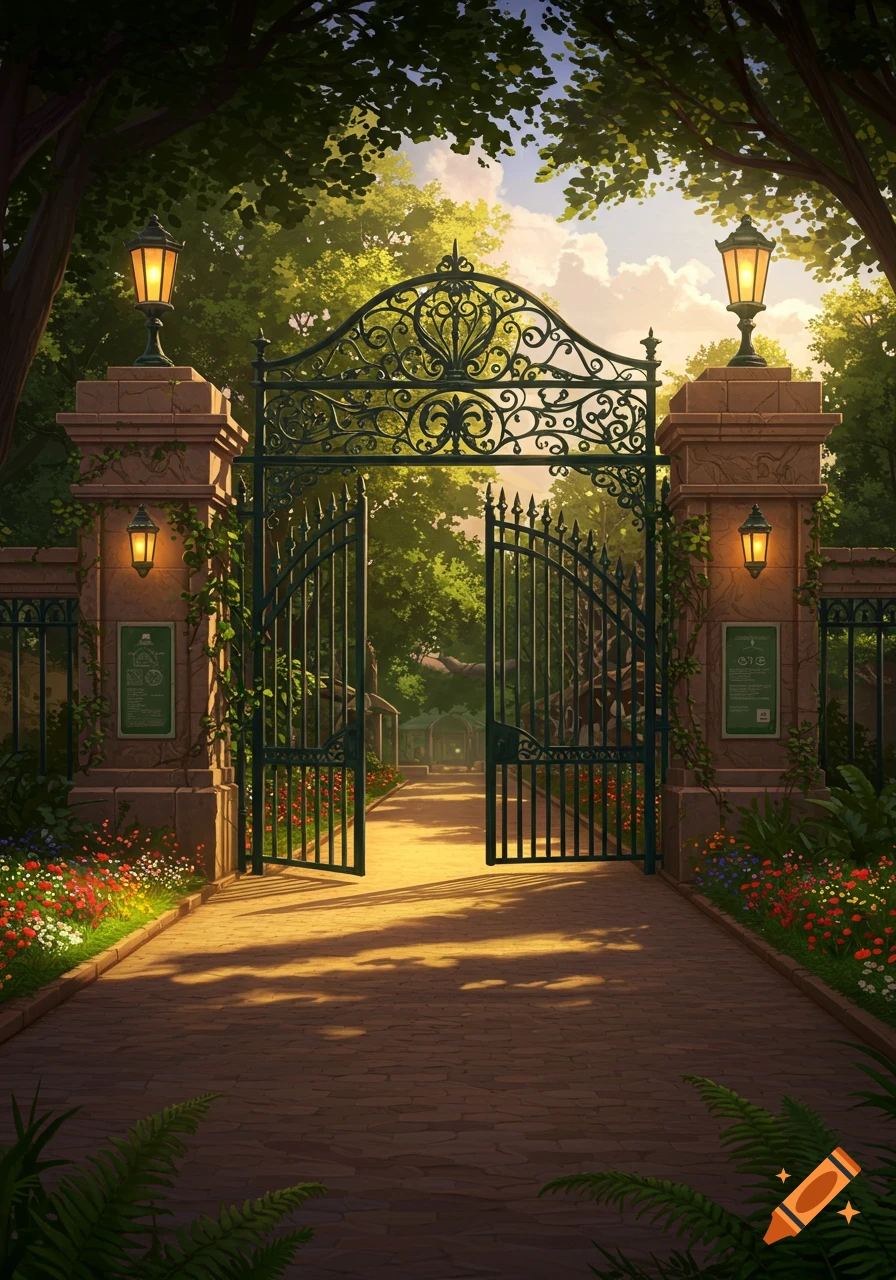 An ornate open iron gate between stone pillars, leading to a sunny path in a lush green park with flowers, in an illustrated style.