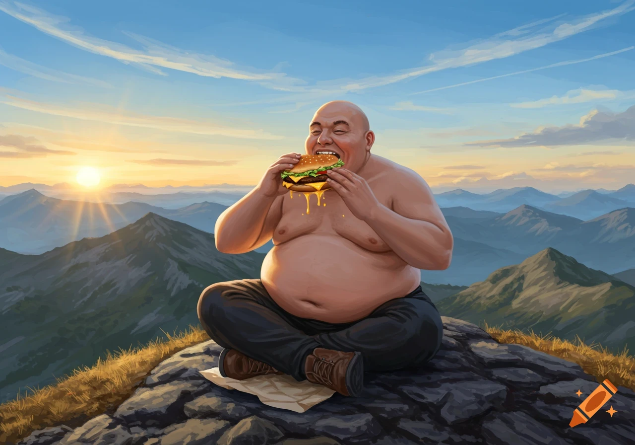 A bald, obese, shirtless man happily eats a cheeseburger on a mountain peak at sunset, overlooking a vast mountain range.