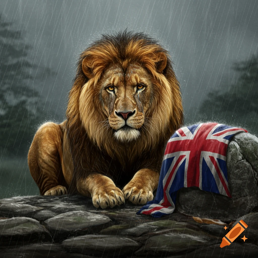 A majestic male lion rests on a stone wall in the rain, with a British flag draped over a nearby rock.
