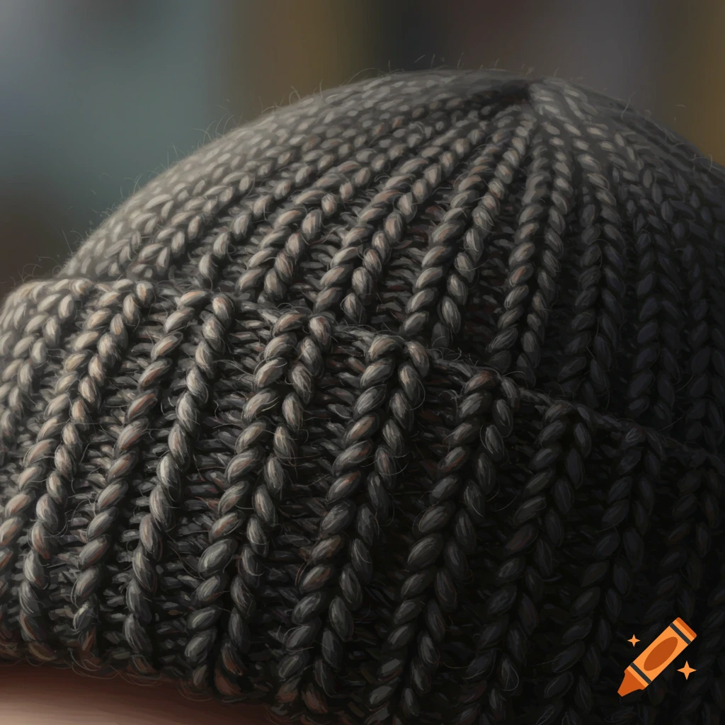 Close-up, photorealistic detail of the knitted texture of a dark gray beanie hat.