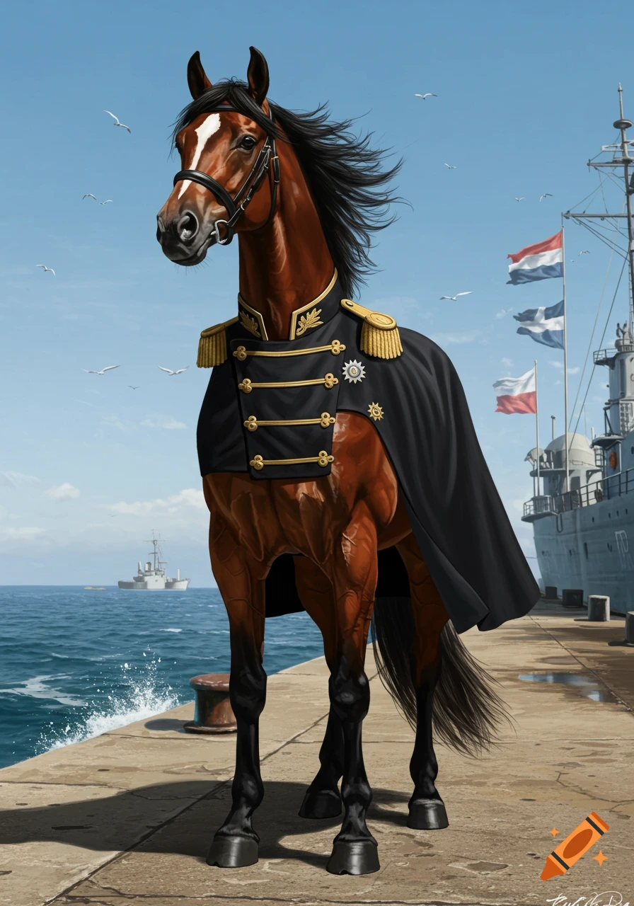 A majestic brown horse wearing a detailed black military uniform with gold trim and a black cape stands on a stone dock next to the sea, with ships and flags in the background under a blue sky.