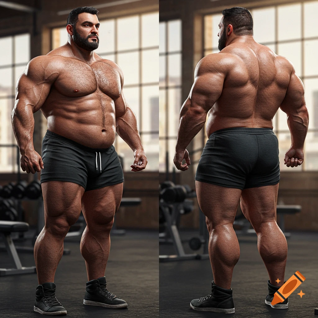 Two views of a heavily muscled man in shorts in a gym, front and back, photorealistic style.
