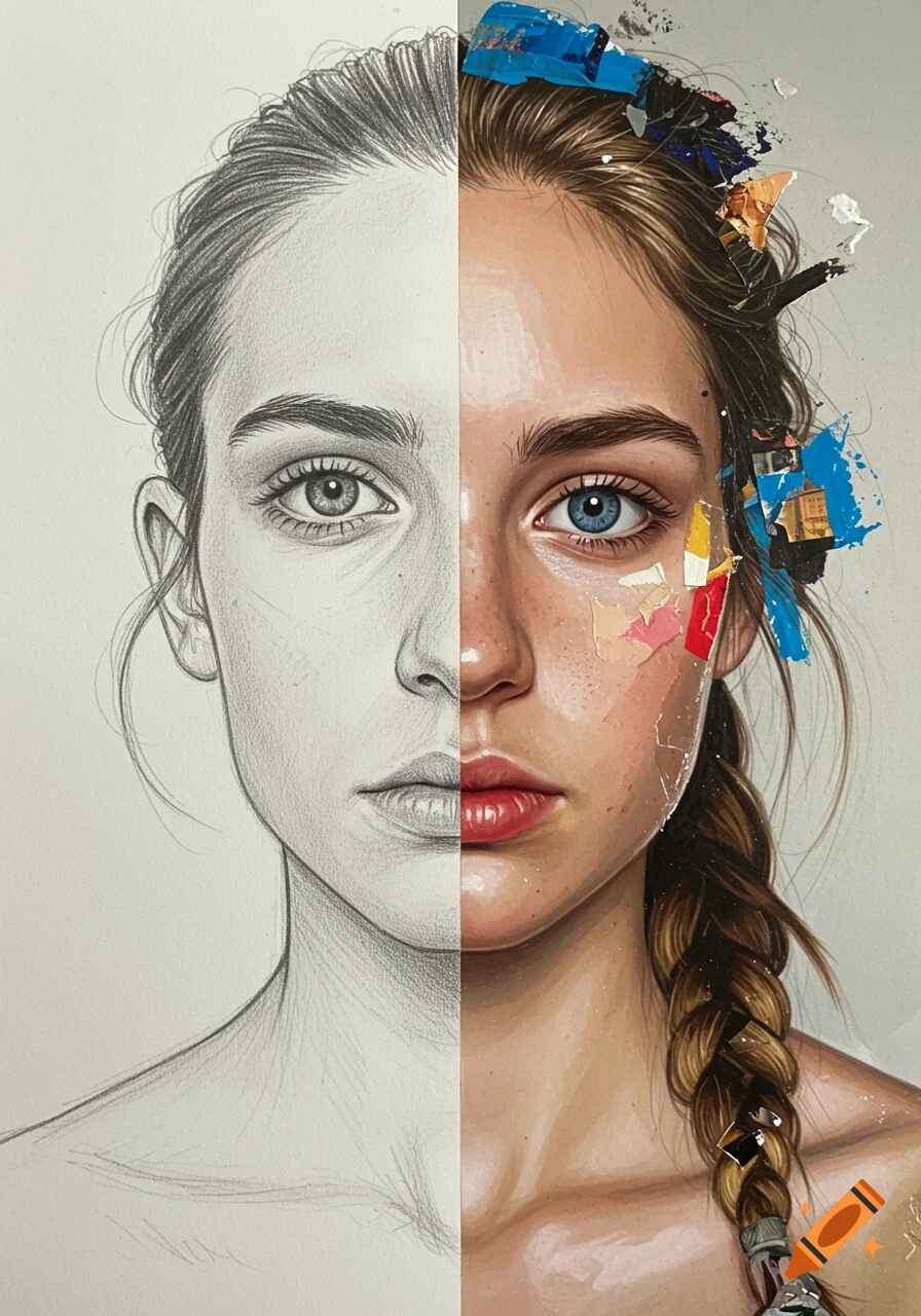 A split portrait of a woman's face, with a realistic pencil drawing on the left and a colorful, abstract mixed media style on the right.