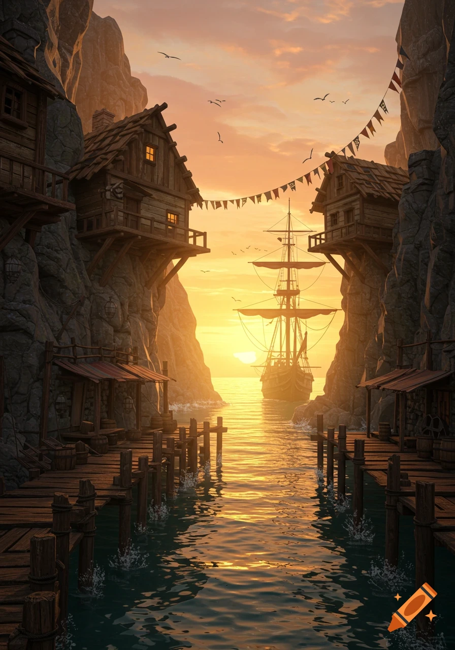 A pirate cove with wooden houses built into steep cliffs, overlooking a ship sailing into a golden sunset. Docks with wooden posts extend into the water.